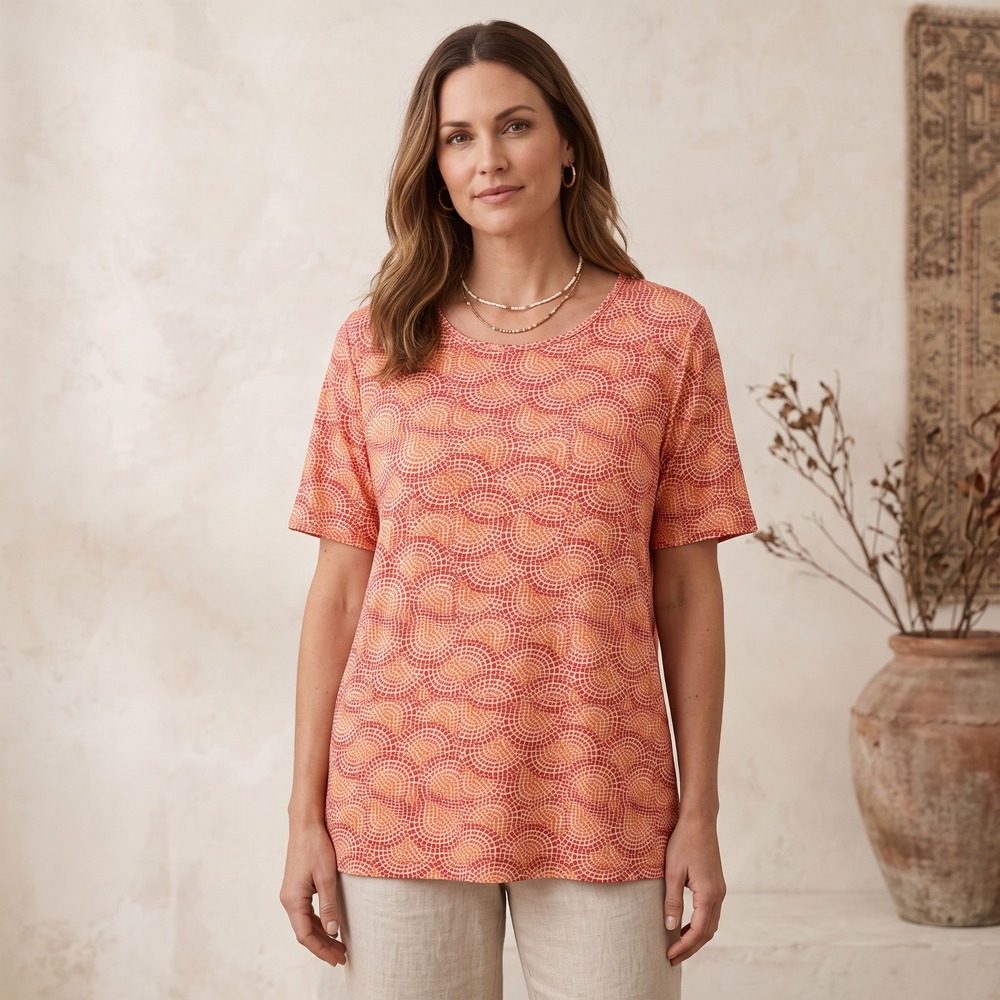 Jaclyn Smith Geometric Mosaic Print Top XL Fan Tile Orange Pink Boho Coastal XL